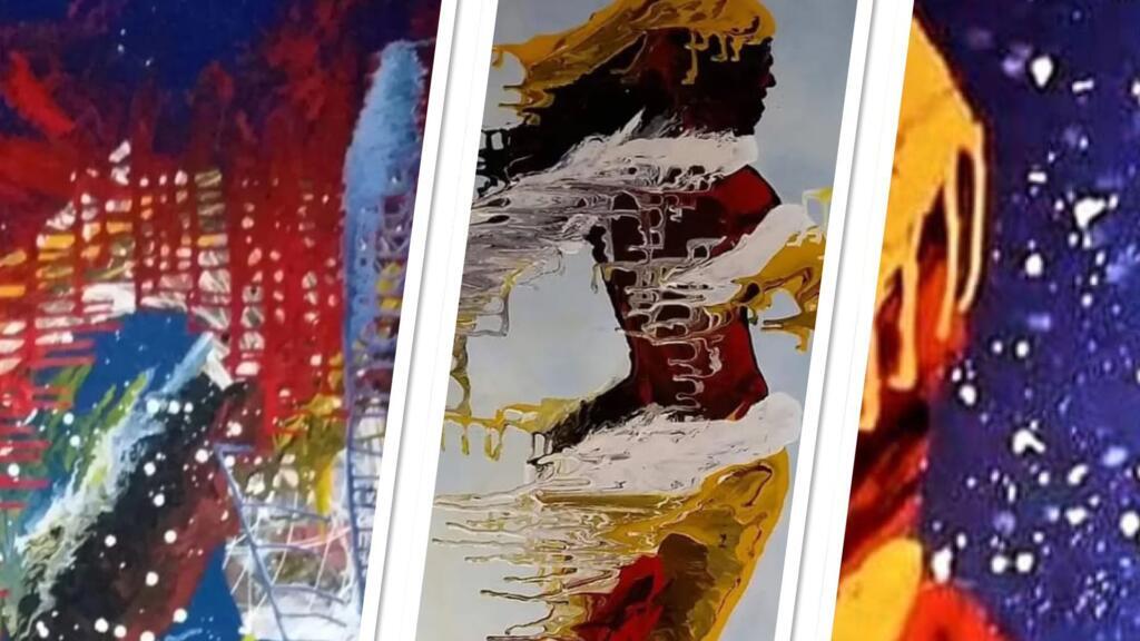 O artista baiano Ed Ribeiro utiliza a técnica de "derramar" tintas sobre as telas para representar as divindades do panteão afrobrasileiro. (fotomontagem)