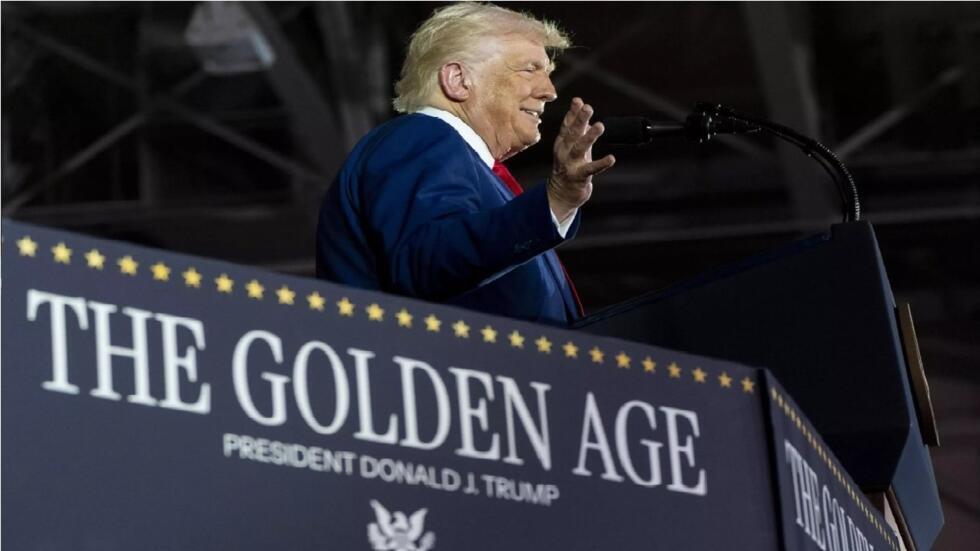 President Donald Trump speaks on his first 100 days at Macomb County Community College Sports Expo Center, Tuesday, April 29, 2025, in Warren, Mich.