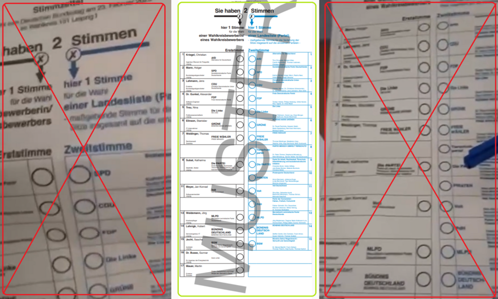 Les faux bulletins comparés au modèle destiné au vote par correspondance fourni par les autorités locales de Leipzig.