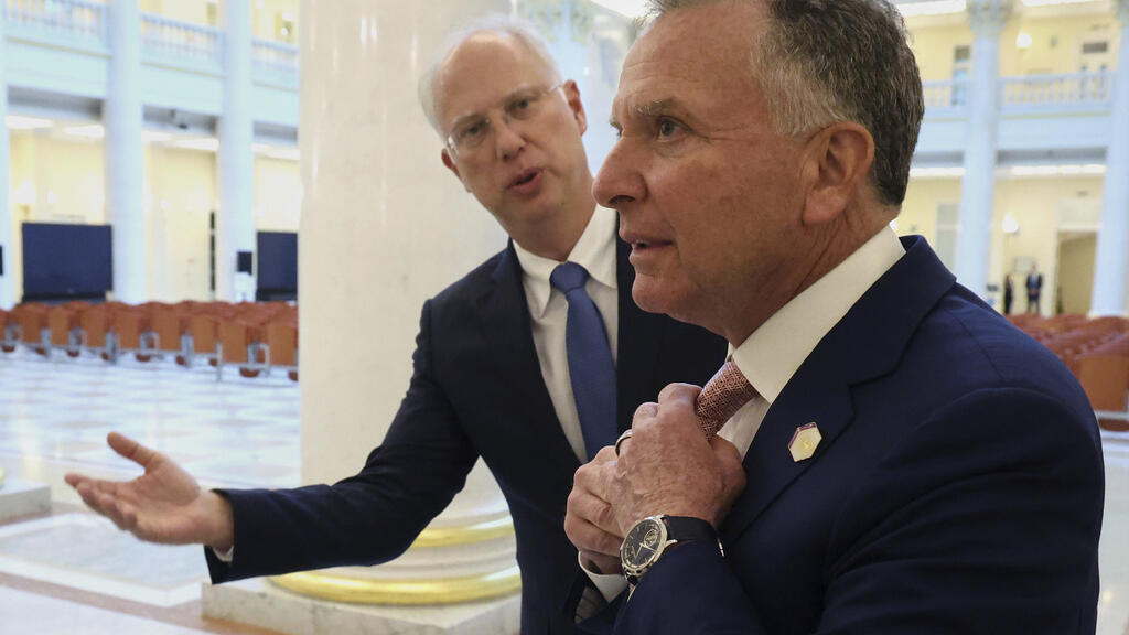 President Vladimir Putin's investment envoy Kirill Dmitriev, left, welcomes U.S. President Donald Trump's special envoy Steve Witkoff to the talks with Russian President Vladimir Putin in St. Petersbu