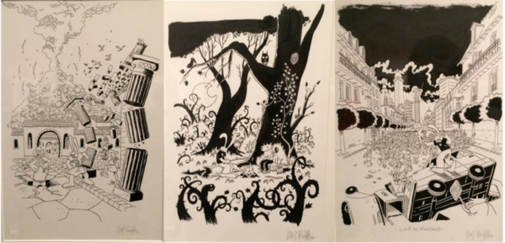 Couverture de trois albums inexistants de Lapinot par Lewis Trondheim. Exposition « Lewis Trondheim fait des histoires », Musée de la bande-dessinée