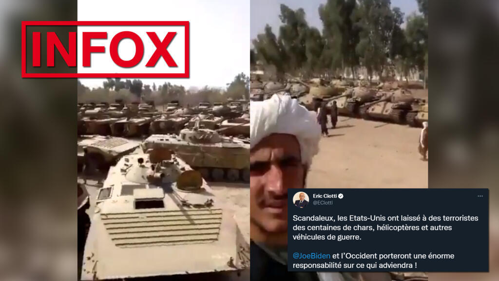 Des chars prétendument américains laissés en Afghanistan, dans une vidéo partagée par Eric Ciotti sur Twitter, le 31 août 2021. Ces blindés ont en réalité servi lors de la première guerre d'Afghanistan opposant l’armée soviétique aux Moudjahidins dans les années 1980.