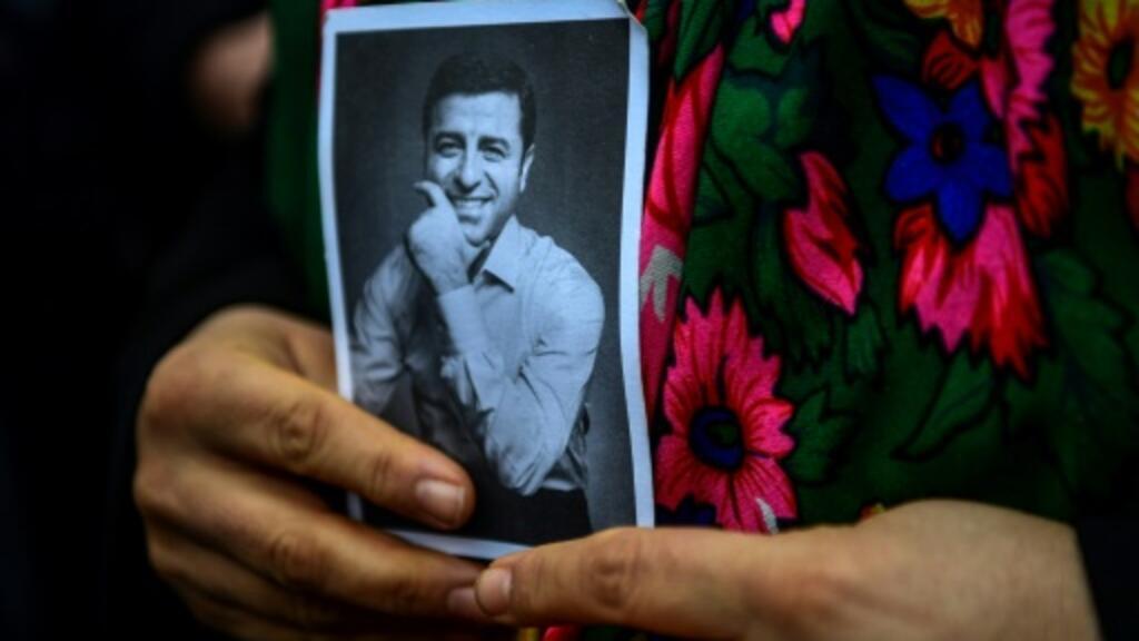 A supporter outside the court where HDP co-leader Selahattin Demirtas was tried in January on charges of insulting Turkish President Recep Tayyip Erdogan.
