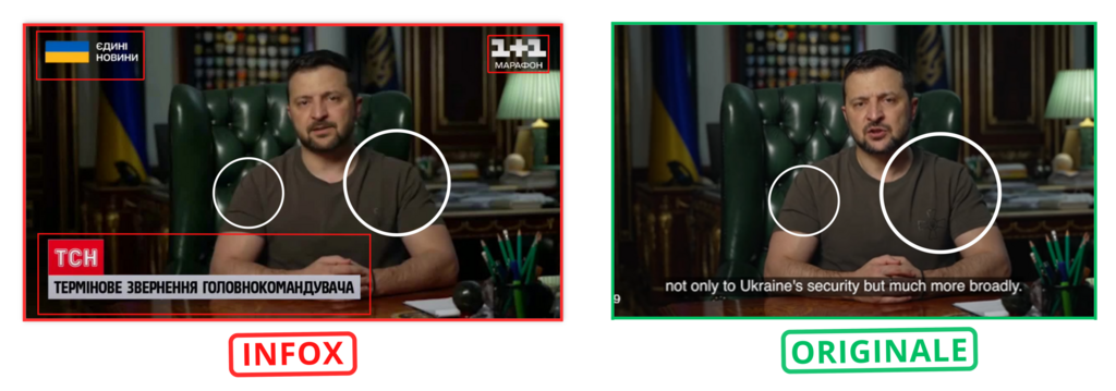 Le décor, la posture et les plis visibles sur le tee-shirt de Volodymyr Zelensky permettent de confirmer que son discours du 31 octobre 2023 a été manipulé.