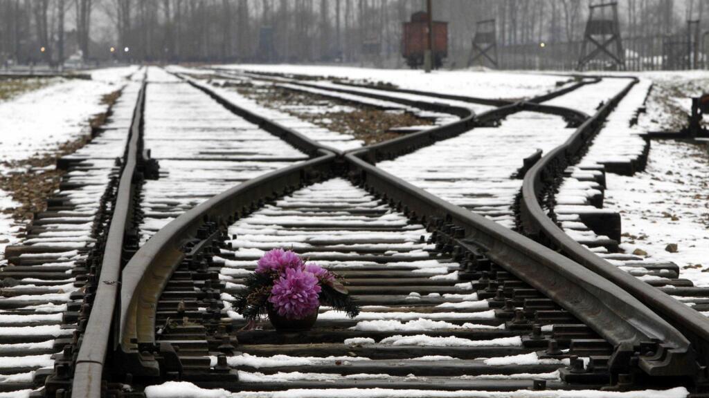 Des fleurs déposées sur les rails en hommage aux victimes du camp nazi d'Auschwitz (Pologne), pendant les cérémonies du souvenir, le 27 janvier 2011. (Image d'illustration)