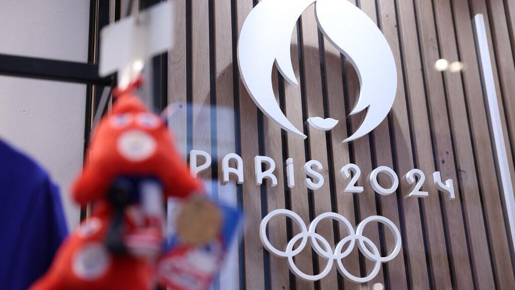 Paris 2024 Olympic and Paralympic Games official logo, displayed in the official Paris 2024 shop in Les Halles shopping mall in central Paris.