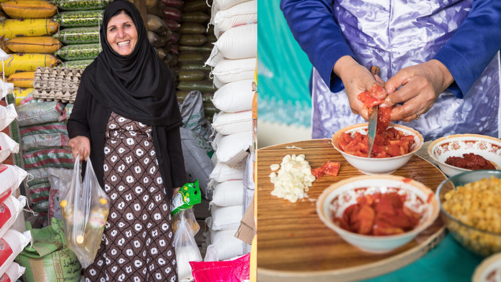 De gauche à droite: Mary faisant ses courses à Kaboul et les mains de Mary.