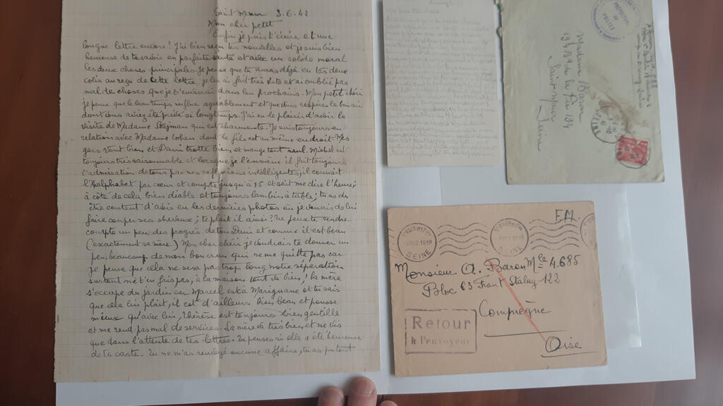 Lettre envoyée à Abraham Baron alors qu’il était interné à Compiègne, l’enveloppe indique « retour à l’envoyeur », il sera transféré au Camp de Drancy puis déporté en 1941 et assassiné à Auschwitz.