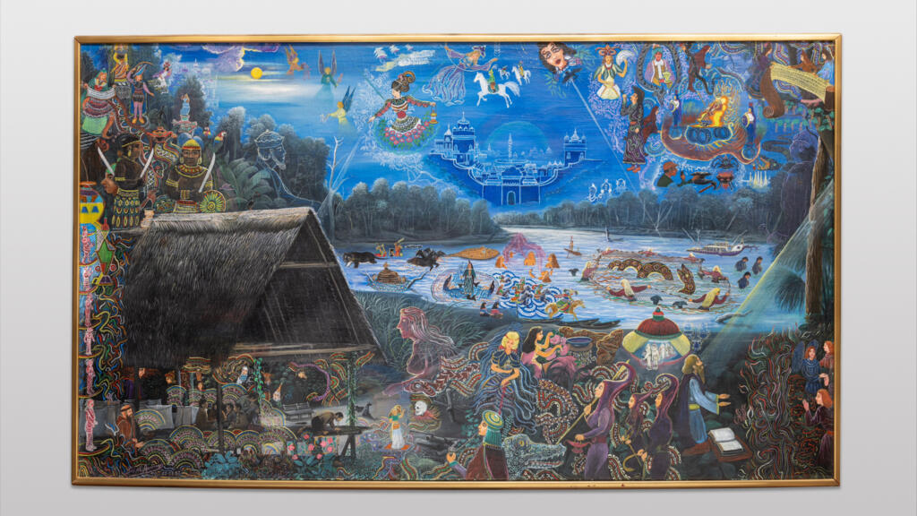 Tableau de Pablo Amaringo : « Cosmología amazónica” (1987), où l’ayahuasca, breuvage hallucinogène utilisé par les chamanes dans les sociétés d’Amazonie occidentale, occupe une place centrale. (Musée du Quai Branly, exposition « Visions chamaniques, Arts de l’ayahuasca en Amazonie péruvienne, jusqu’au 26 mai 2024).