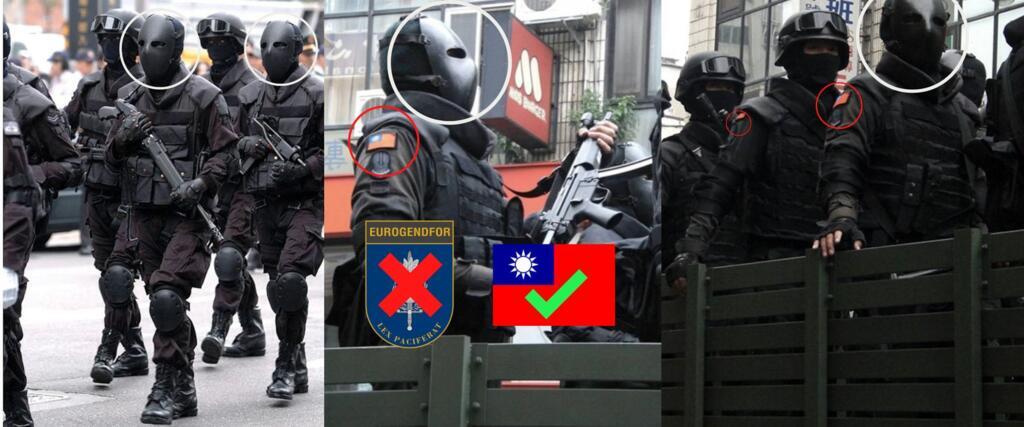 Les militaires visibles sur ces photos font partie des forces spéciales taïwanaises, et non pas d'Eurogendfor, comme l'attestent leur équipement et leur insigne sur l'épaule.