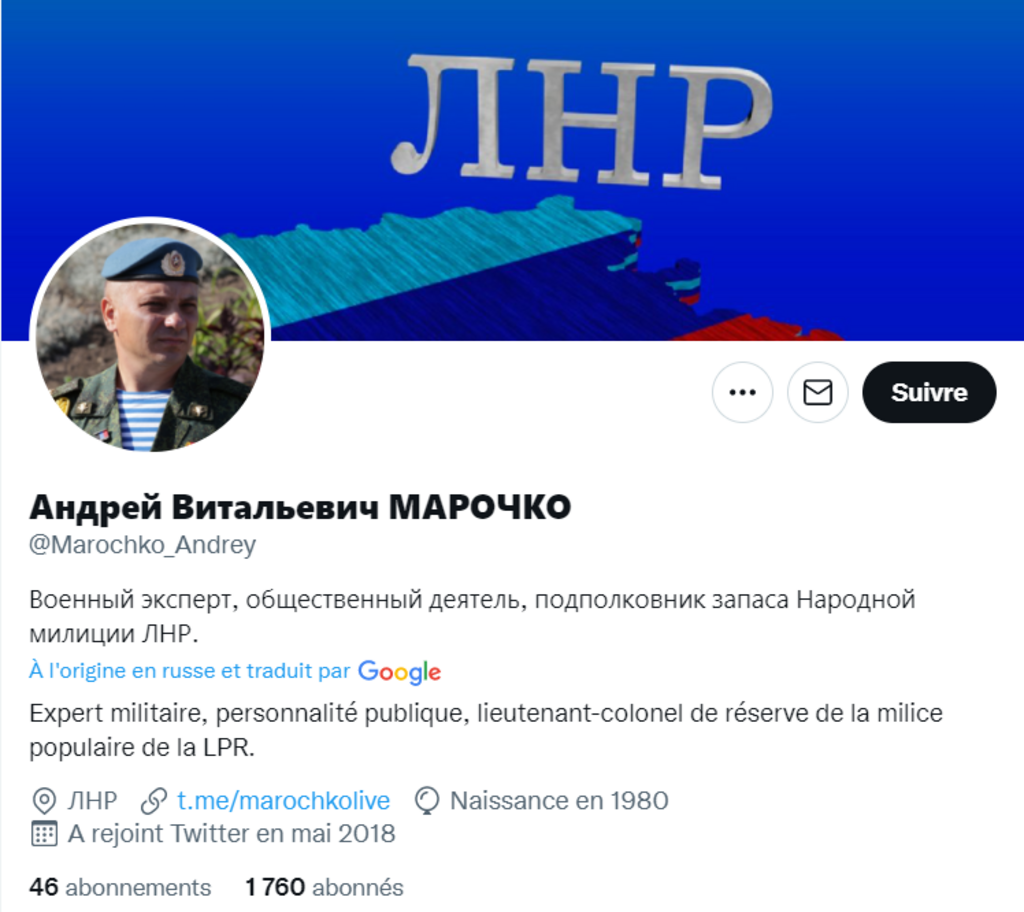 Sur son compte Twitter, Andrey Marochko se décrit comme un "expert militaire, personnalité publique, lieutenant-colonel de réserve de la milice populaire de la LPR."