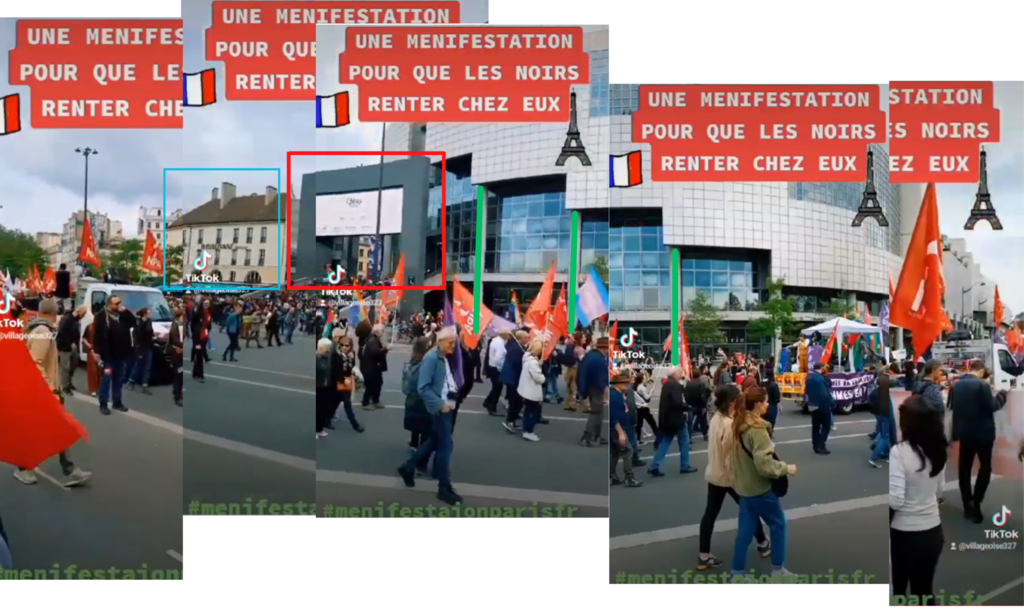 Plusieurs bâtiments caractéristiques permettent de géolocaliser la scène.