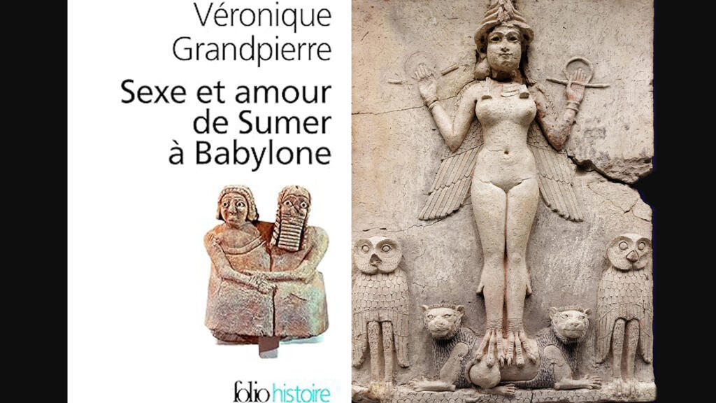 A droite : Relief dit de «la Reine de la nuit», plaque d'argile traitée en haut relief de 48,5 cm de haut sur 37 cm de large, début du IIe millénaire av. J.-C. British Museum, Londres. (La déesse tient dans ses mains les insignes de la royauté . Le lion est l'animal associé à la déesse Inanna/Istar ; le hibou évoque la nuit et le royaume des morts, domaine d'Ereskigal, d'où une difficulté d'identification entre les deux soeurs ; peut-être s'agit-il d'une représentation d'Inanna/Istar revenue des Enfers, protectrice des amours nocturnes).