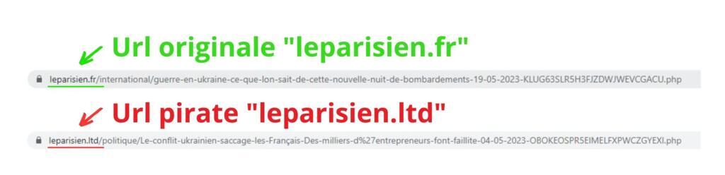 Les faux articles sont publiés sur le site pirate "leparisien.ltd" qui usurpe l'identité du site officiel "leparisien.fr".