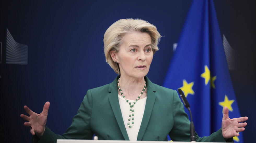 European Commission President Ursula von der Leyen addresses journalists during a media conference at EU headquarters in Brussels, Monday, April 7, 2025.