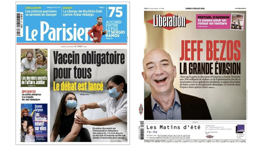 Unes des quotidiens Le Parisien et Libération. 5 juillet 2021.