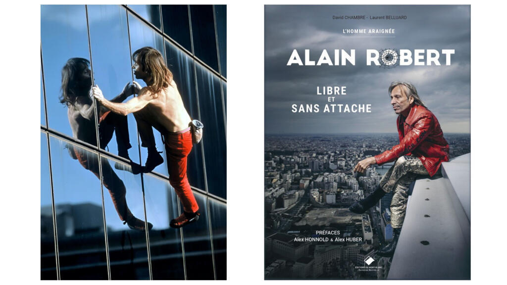 À gauche, Alain Robert grimpe entre les fines jointures des vitres du Garden Court de Johannesburg. 1998. À droite, la couverture du livre paru aux Éditions du Mont-Blanc Catherine Destivelle.