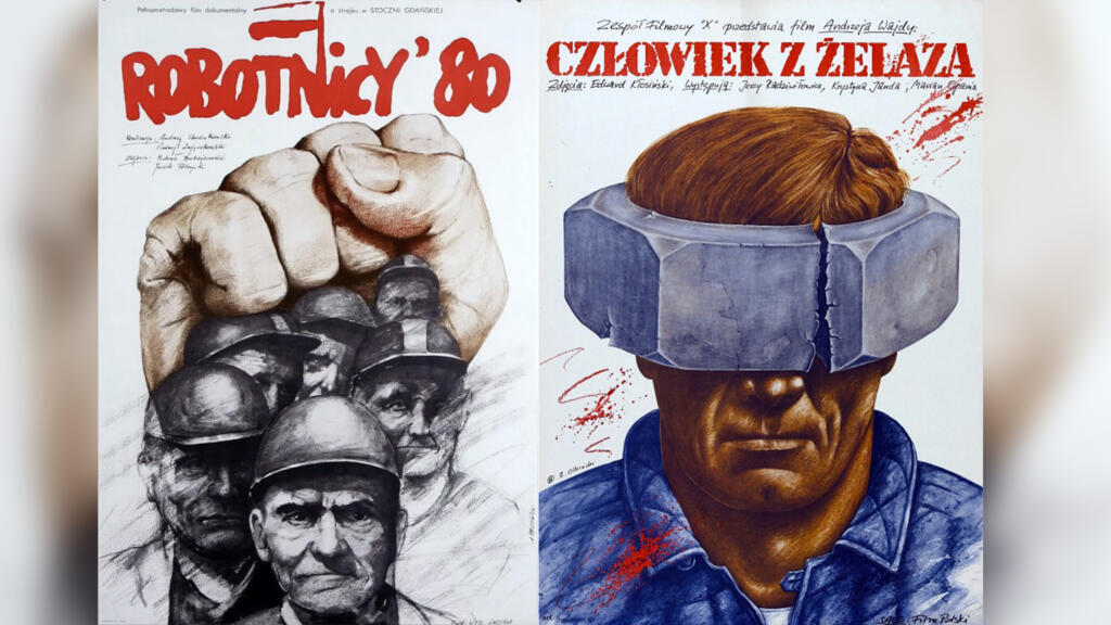 Affiches polonaises : «Ouvriers 80» (Robotnicy’80), réalisée collectivement en 1980 (affichiste : Andrzej Pagowski) et de «L’Homme de fer» (Człowiek z żelaza) réalisée par Andrzej Wajda en 1981 (affichiste : Olbiński Rafał).