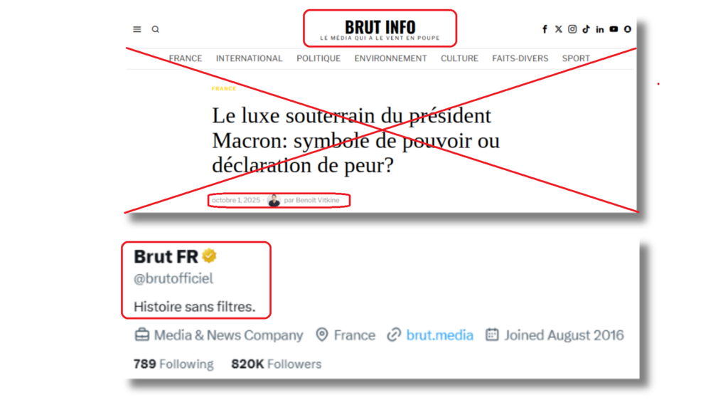 En haut, la bannière du faux site sur lequel est basée la vidéo de l'infox. En bas un visuel sur X, du site authentique "Brut".
