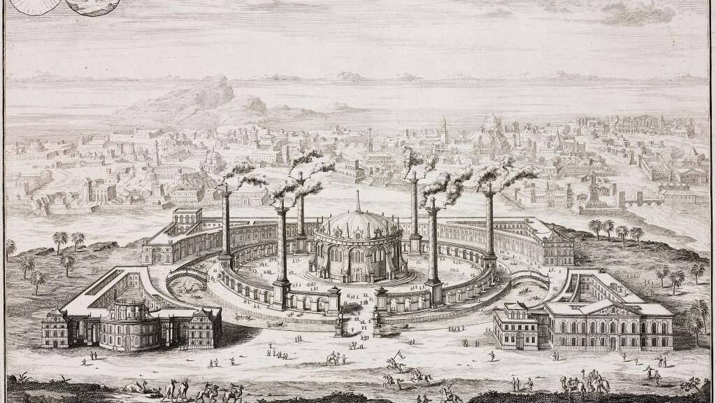 Le Temple de la capitale du royaume assyrien Ninive en Mésopotamie (Irak). Gravure de Johann Bernhard Fischer von Erlach, 1725.