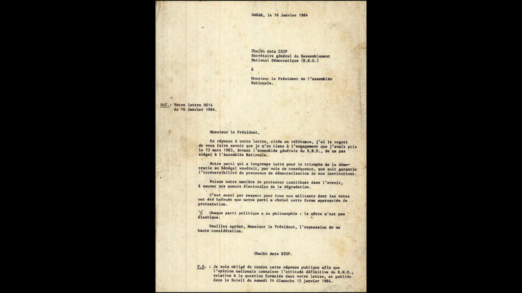 « Chaque parti politique a sa philosophie, la nôtre n'est pas élastique ». Lettre de Cheikh Anta Diop en réponse au Président de l'Assemblée Nationale, Dakar, le 16 janvier 1984.