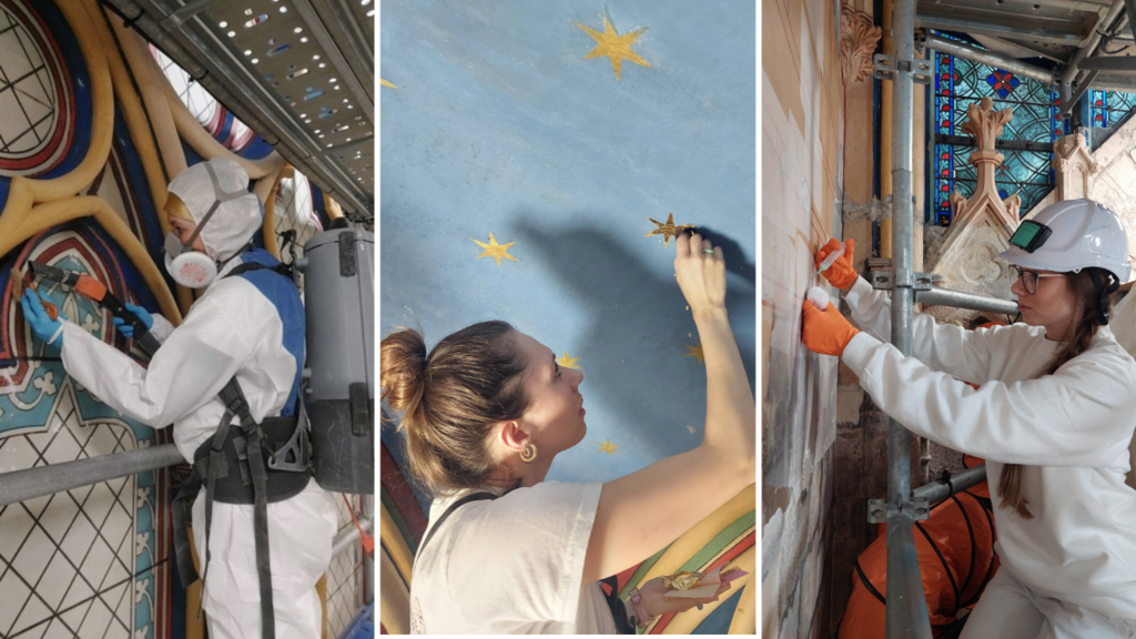 Fotos da restauradora Juliana Cavalheiro Rodrighiero trabalhando dentro da catedral de Notre-Dame de Paris.