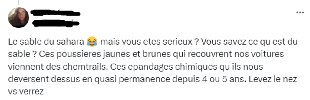 Attention : ce compte X publie un contenu complotiste à l'occasion du précédent passage d'un nuage de poussière au dessus de l'Europe.