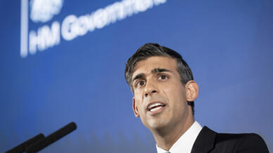 Le Premier ministre britannique Rishi Sunak, pour son premier grand discours de 2023 dans l'est de Londres, ce mercredi 4 janvier 2023.