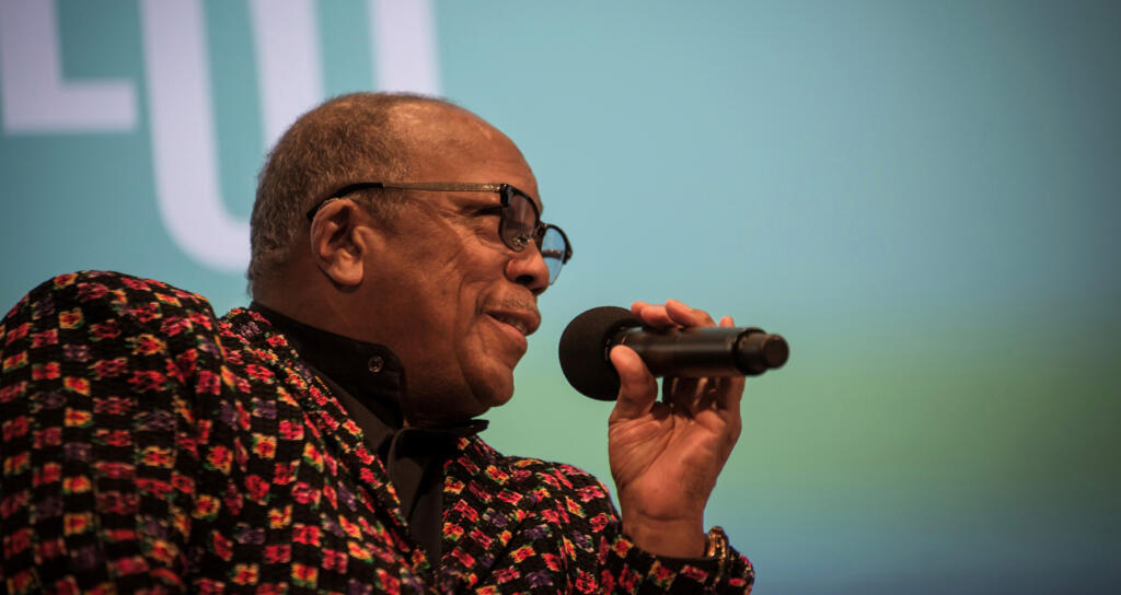 Quincy Jones présente la plateforme audiovisuelle Qwest TV à Montreux, le 13 juillet 2017.