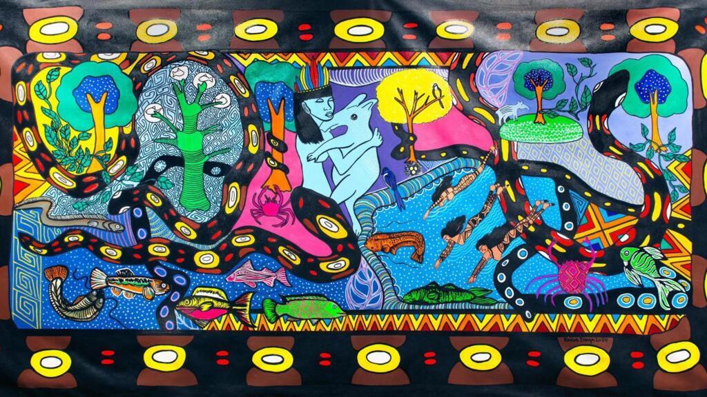 Pintura de Kássia Borges Mytara, "Na Hene Waka", de 2024, acrílico sobre tela, presente na exposição "Encontro de Almas", em Paris.