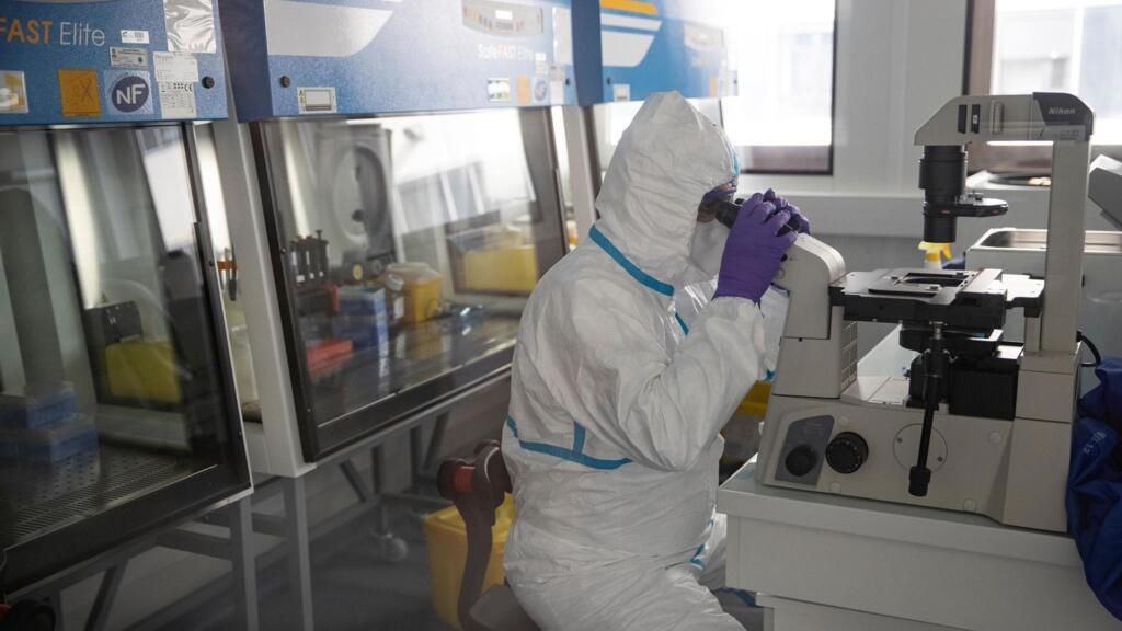 Analyse d'un prélévement issu d'un patient potentiellement atteint par le Covid-19, à l'hôpital Henri Mondor à Créteil.