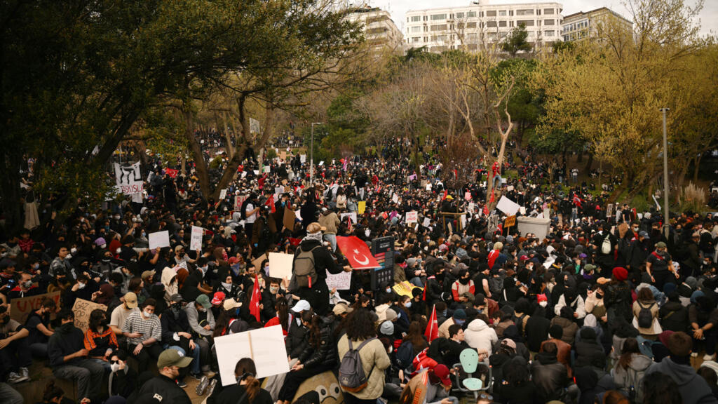 Students gather at Macka park during a rally in support of Istanbul's arrested mayor, in Istanbul, on March 25, 2025.