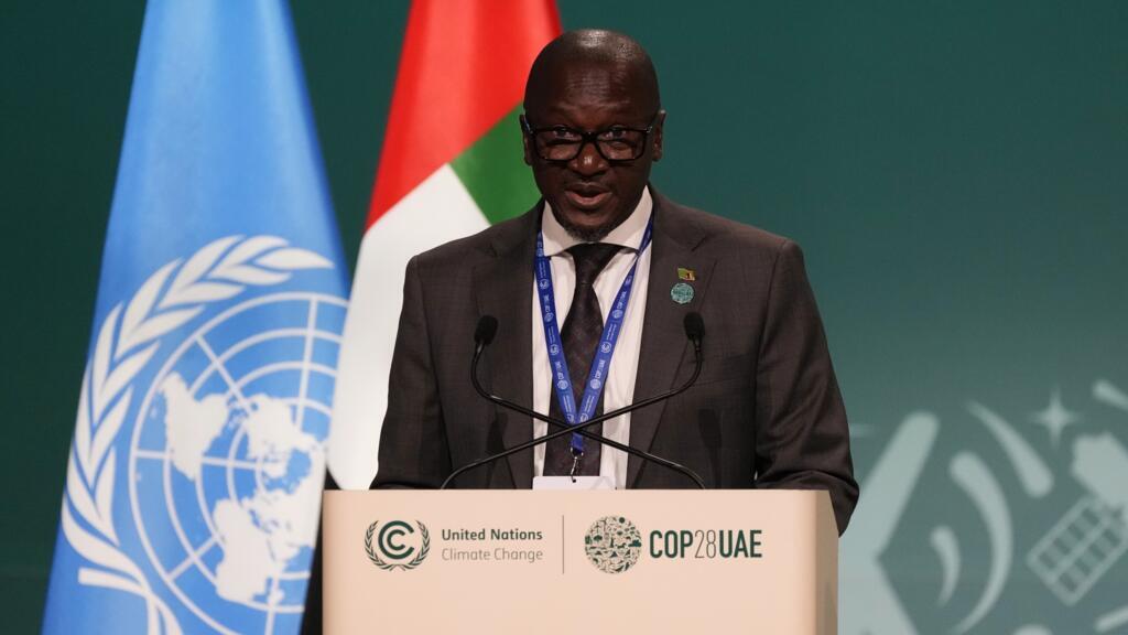 Le président du groupe Afrique à la COP28, le ministre zambien de l’Environnement, Collins Nzovu, prend la parole lors d'une session plénière le 9 décembre 2023, à Dubaï.