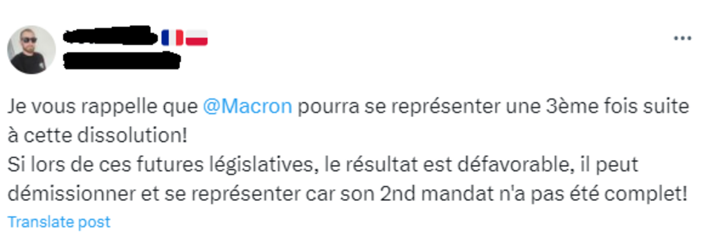 Ce post affirme qu'Emmanuel Macron pourra briguer un troisième mandat, alors que la constitution n'autorise que deux mandats consécutifs