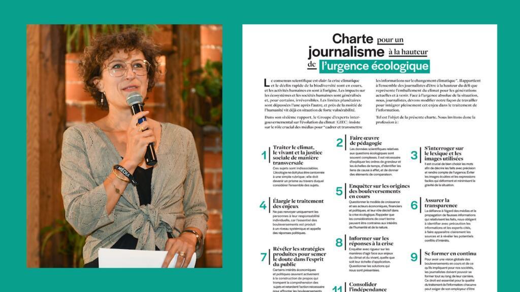 La journaliste Anne-Sophie Novel au lancement de la Charte pour un journalisme à la hauteur de l'urgence écologique, mercredi 14 septembre, à la REcyclerie, à Paris.