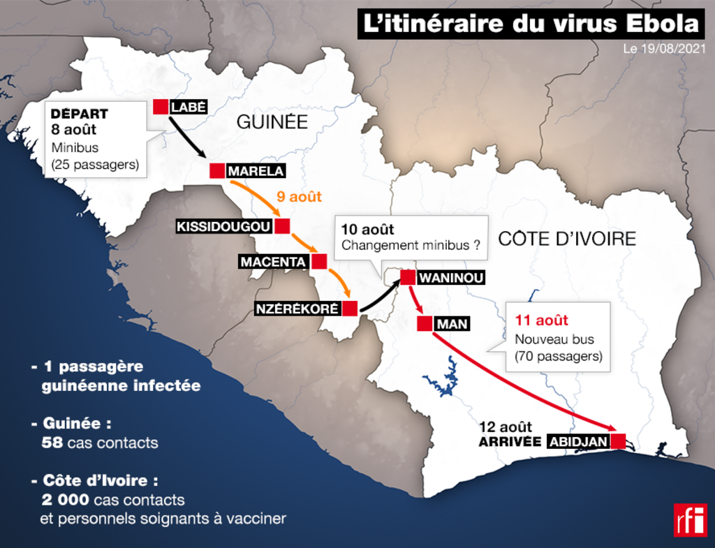 Itinéraire emprunté par la femme guinéenne détecté positive à Abidjan, de Labé (nord de la Guinée), jusqu'à la capitale ivoirienne, du 8 au 12 août 2021.