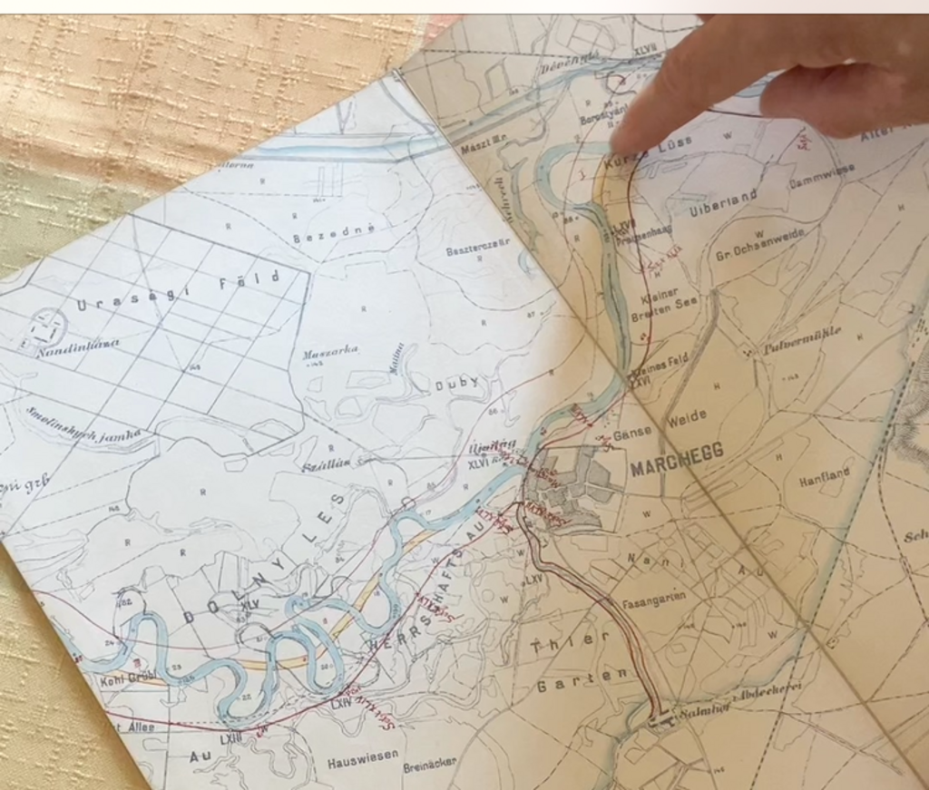 Carte géographique de 1889 qui montre le cours naturel de la Morava et, en jaune, les régulations prévues.