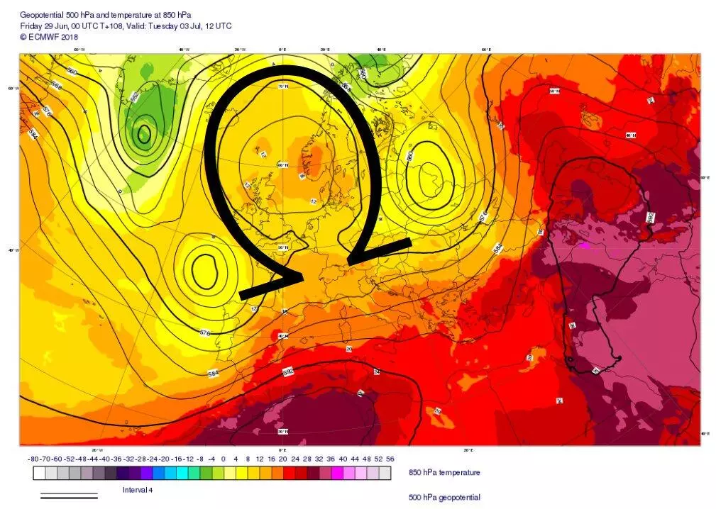 Bloqueo atmosférico tipo omega. El aire caliente se encuentra atrapado en esa forma de letra del abecedario griego.