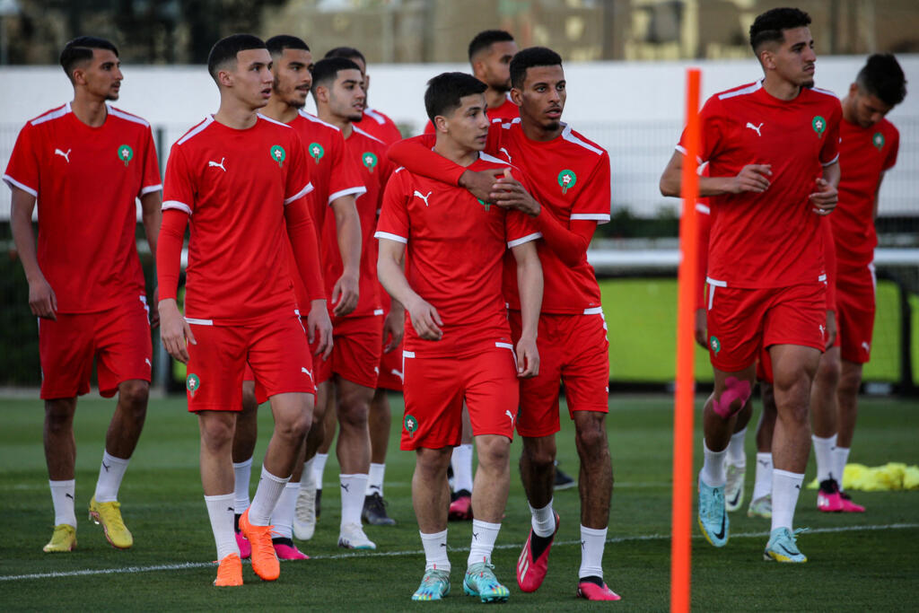 Jogadores da seleção marroquina durante um treinamento na véspera do jogo contra o Brasil. Em  21 de março de 2023.