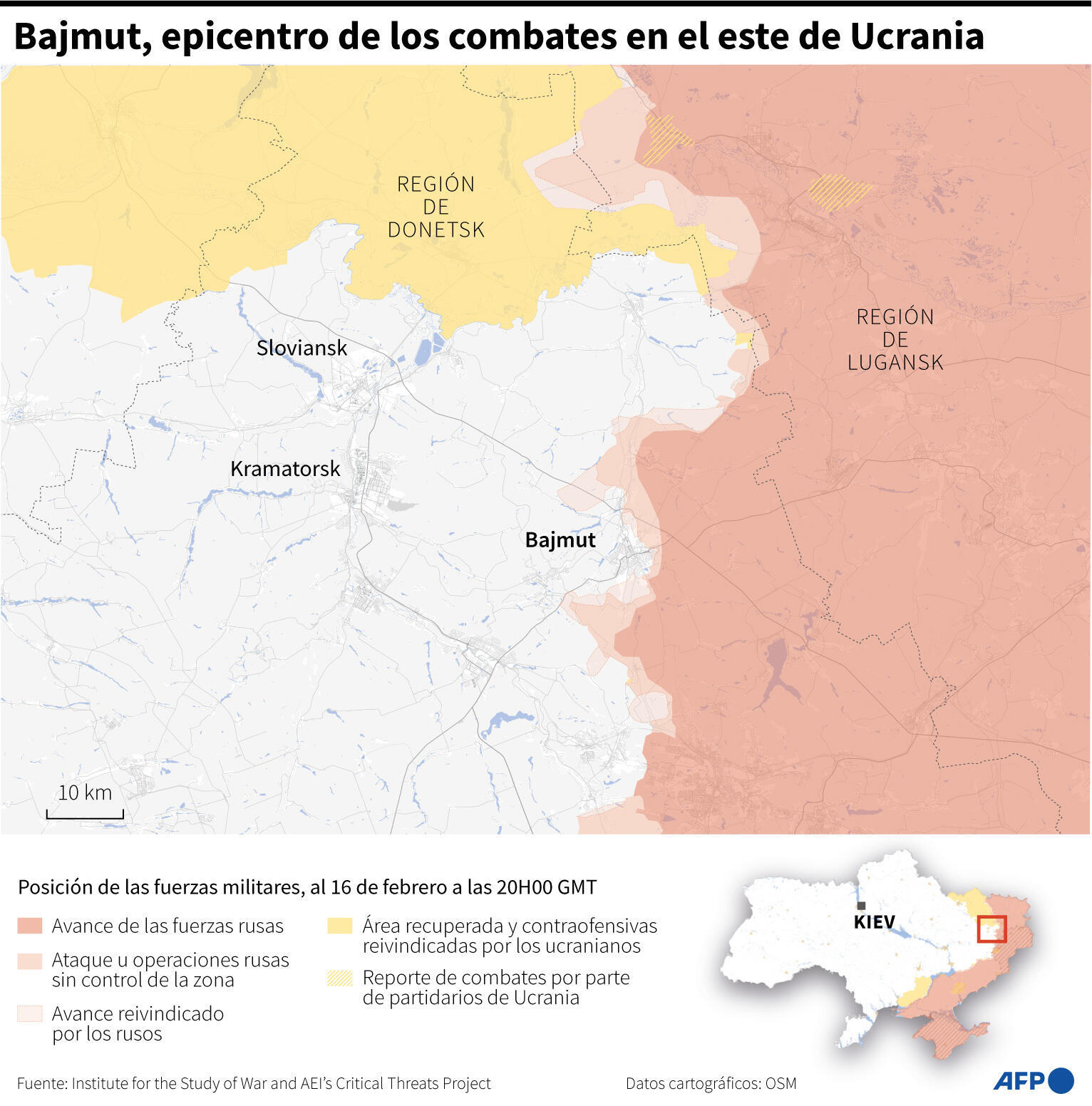 Mapa de la línea del frente en torno a la ciudad de Bajmut, que las fuerzas rusas buscan controlar