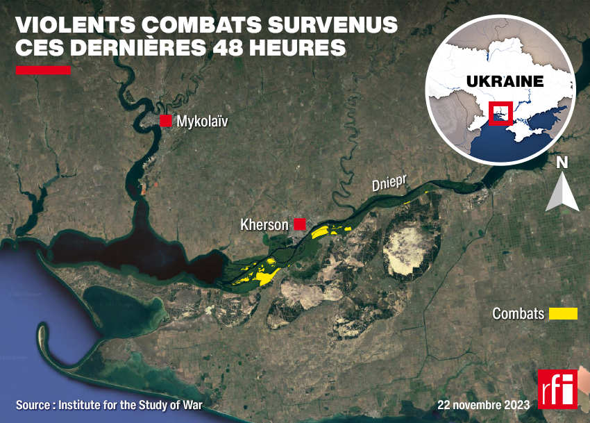 Une carte situant les combats en cours sur la rive sud du Dniepr entre l'armée ukrainienne et russe.