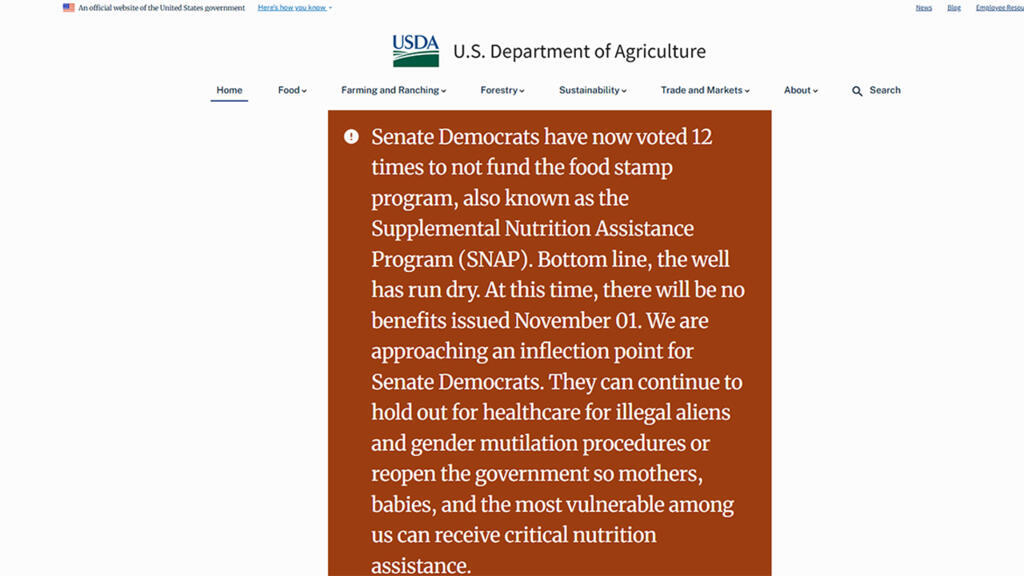 Capture d'écran du site https://www.usda.gov/, le 29 octobre 2025.
