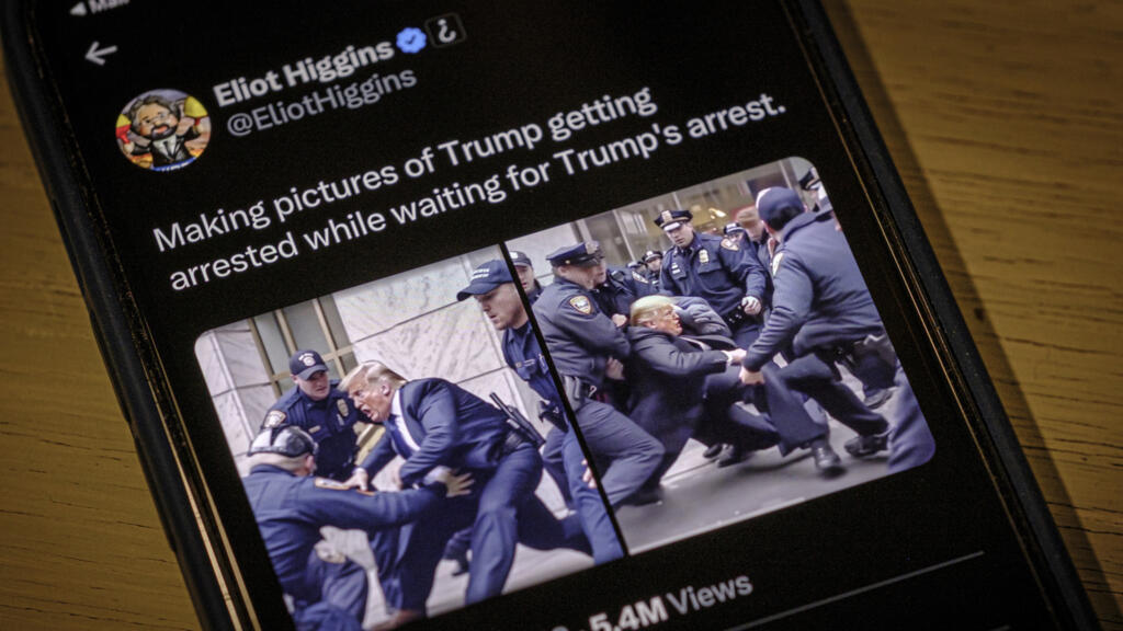 Une photo d'un tweet montre une image générée par l'IA de Donald Trump arrêté par des policiers.