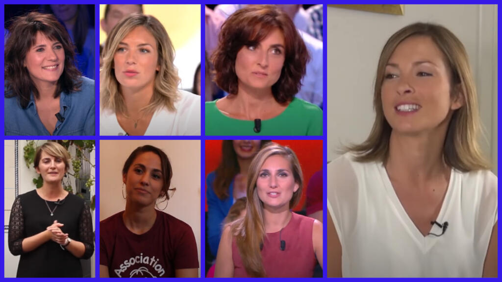 As jornalistas Estelle Denis, Clémentine Sarlat, Nathalie Iannetta,  Amaia Cazenave, Charlotte Namura, Marie Portolano e última a esquerda em grande, Isabelle Ithurburu. No documentário "Eu não sou uma vagabunda, eu sou uma jornalista", elas denunciam o seximo nas redações de esporte na França.