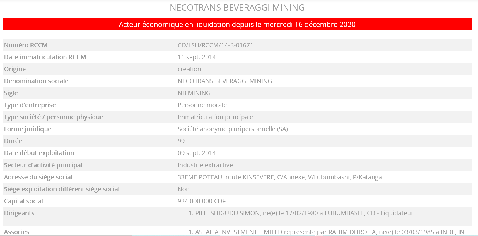 Preuve de la résurrection de NB Mining sur le registre congolais des sociétés...