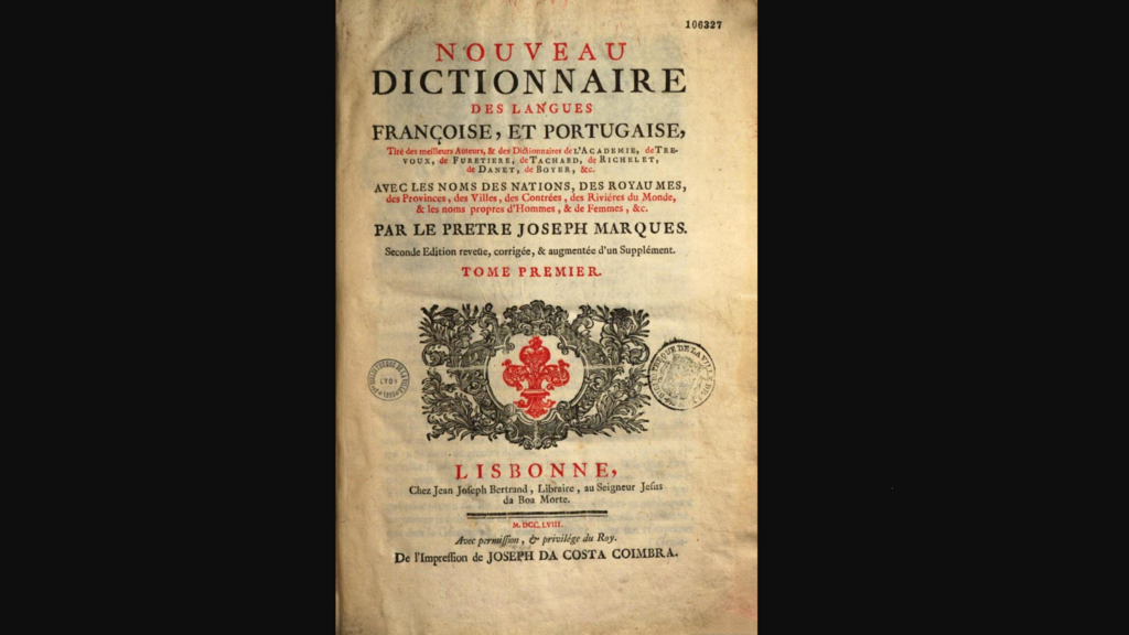 Capa do Novo dicionário Francês-Português do padre Joseph Marques