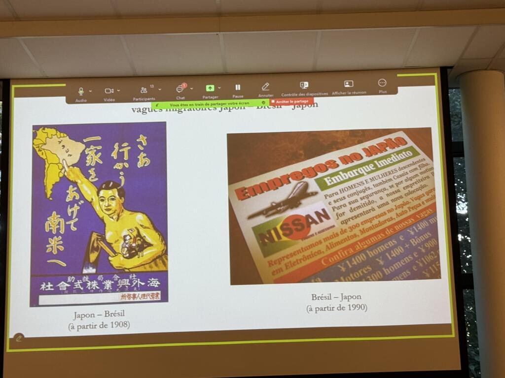 Propagandas para atrair mão de obra: à esquerda, chamando japoneses para o Brasil, e, à direita, anúncio de emprego no Japão para brasileiros. Lyon, 24/6/25.