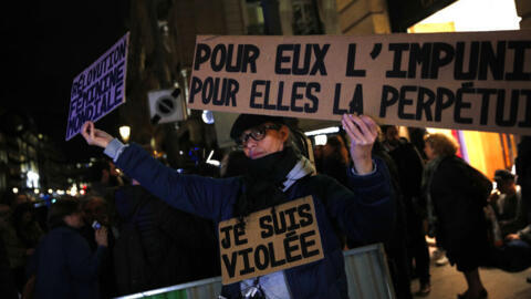 Une manifestante féministe porte des pancartes dénonçant les crimes et agressions sexuelles, le 14 novembre 2017.
