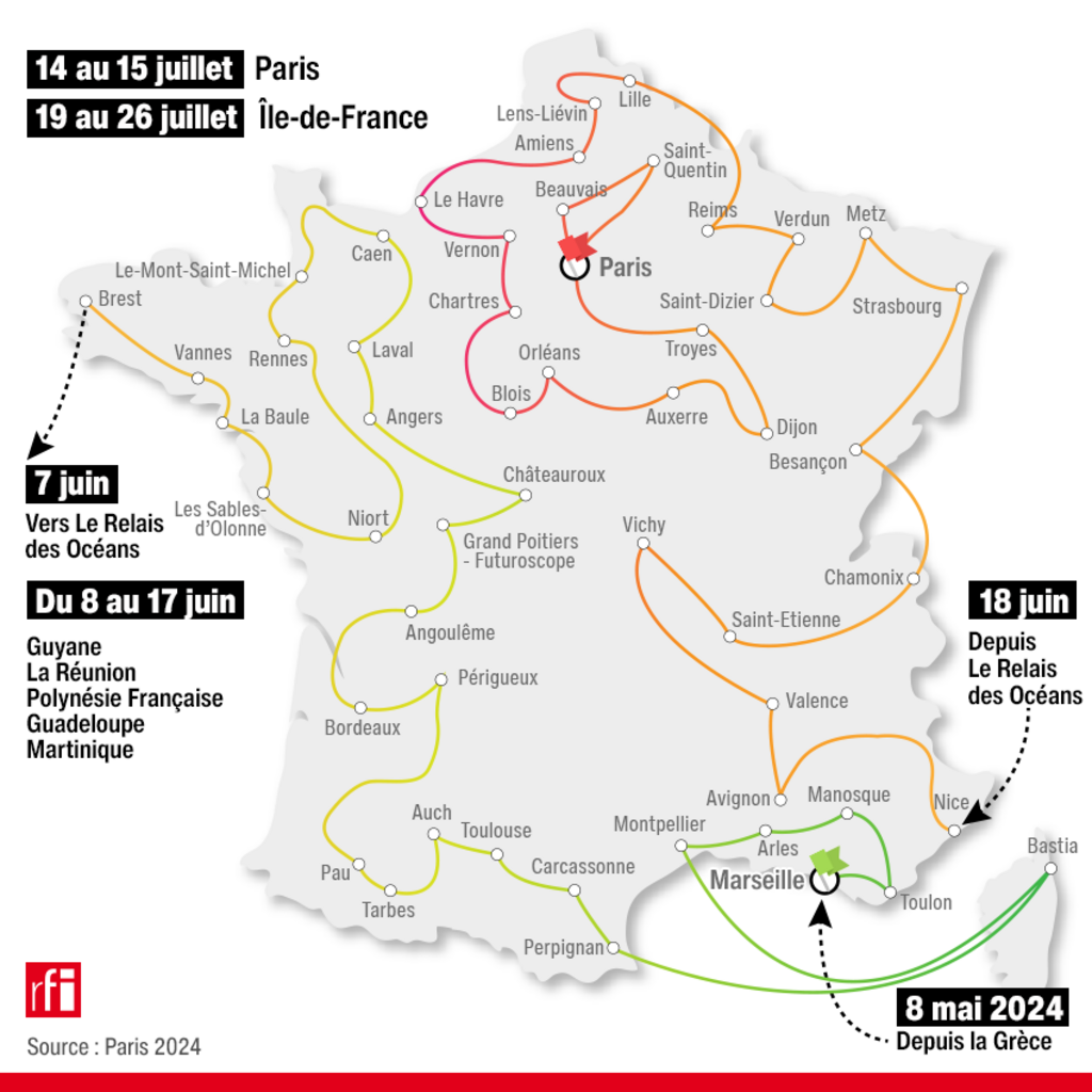 JO 2024: le parcours de la flamme olympique.