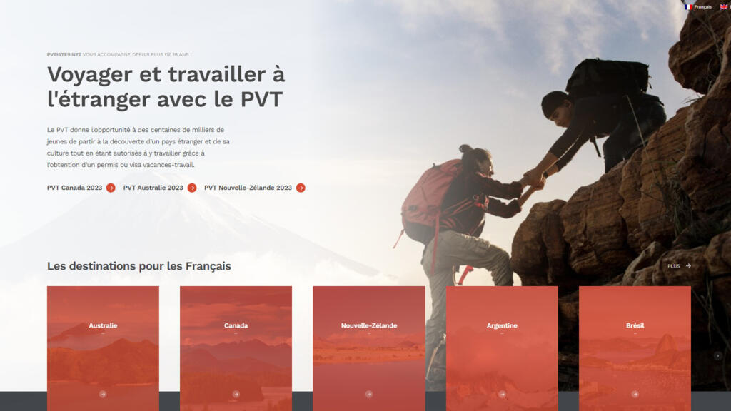 Page d'accueil du site «Voyager et travailler à l'étranger avec le PVT»
